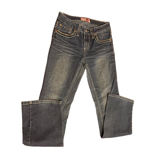 YMI Girls  Distressed Bootcut Jeans With Embroidered Pockets & Rhinestone Accent - Picture 5 of 7